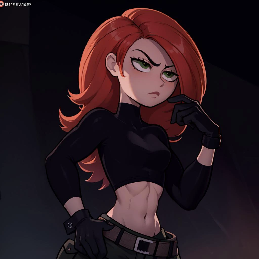 Best_QualityPos, RAW photo, intricate details, best quality, 8k uhd, soft lighting, 1girl, solo, green eyes, orange hair, long hair, black gloves, black shirt, crop top, midriff, long sleeves, belt, belt pouch, green cargo pants <lora:Kimberly_Ann_Possible_V2:0.7>