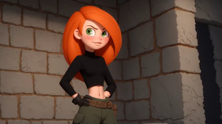 raw photo,intricate details,best quality,8k uhd,soft lighting,1girl,solo,green eyes,orange hair,long hair,black gloves,black shirt,crop top,midriff,long sleeves,belt,belt pouch,green cargo pants,groin,<lora:Kimberly_Ann_Possible_V2:0.7>,indoors,(covered nipples:0.7),hand on hip,(smile:0.7),blush,basement,stone wall,perfect lighting,