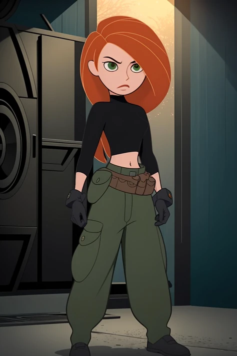 Best_QualityPos, RAW photo, intricate details, best quality, 8k uhd, soft lighting, 1girl, solo, green eyes, orange hair, long hair, black gloves, black shirt, crop top, midriff, long sleeves, belt, belt pouch, green cargo pants <lora:Kimberly_Ann_Possible:0.8>