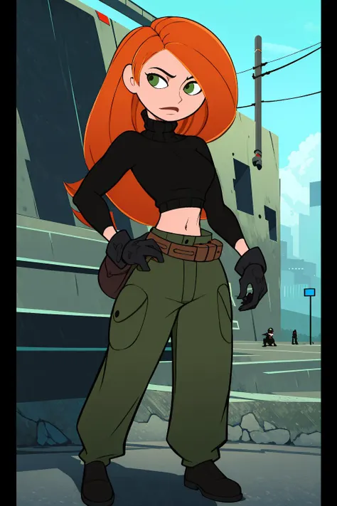 Best_QualityPos, RAW photo, intricate details, best quality, 8k uhd, soft lighting, 1girl, solo, green eyes, orange hair, long hair, black gloves, black turtleneck sweater, crop top, midriff, long sleeves, belt, belt pouch, green cargo pants, black shoes <lora:Kimberly_Ann_Possible:0.8>