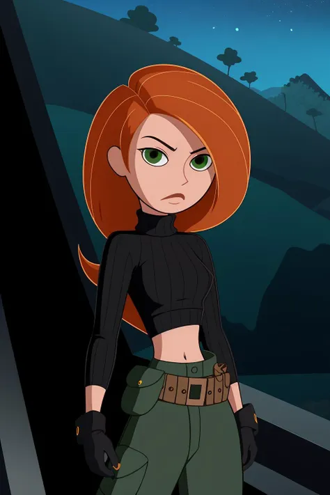 Best_QualityPos, RAW photo, intricate details, best quality, 8k uhd, soft lighting, 1girl, solo, green eyes, orange hair, long hair, black gloves, black turtleneck sweater, crop top, midriff, long sleeves, belt, belt pouch, green cargo pants, black shoes <lora:Kimberly_Ann_Possible:0.8>