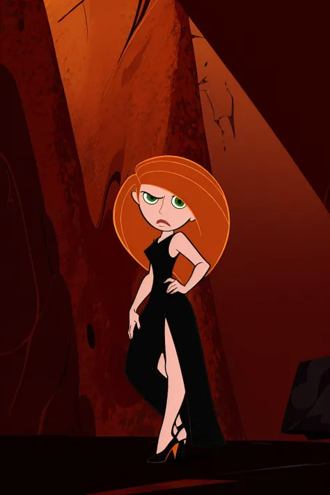 Best_QualityPos, RAW photo, intricate details, best quality, 8k uhd, soft lighting, 1girl, solo, green eyes, orange hair, long hair, black dress, long dress, high heels, kim possible <lora:Kimberly_Ann_Possible:0.8>  <lora:kim_possible_offset:1>
