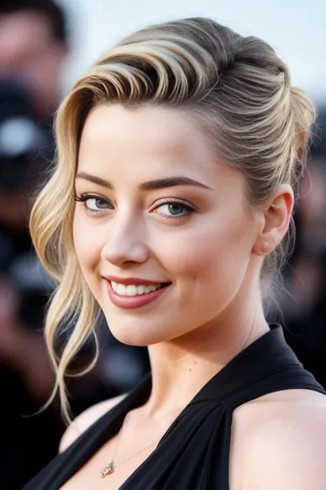photo of AmberHeard1, half shot, smile ,simple background, detailed face, intricate,, soft lighting, masterpiece, beautiful,