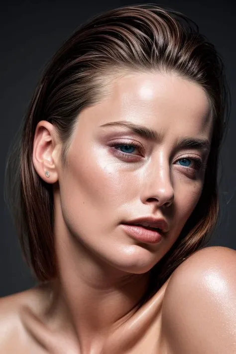 (CR-AmberHeard-aicelebart:0.85), full color portrait of woman, (oiled shiny skin:1.0), face close up, (slick hair:1.2), nude, naked,
masterpiece, best quality, sharp focus, highres 8k uhd, ultra-detailed, rim light, deep grey background,