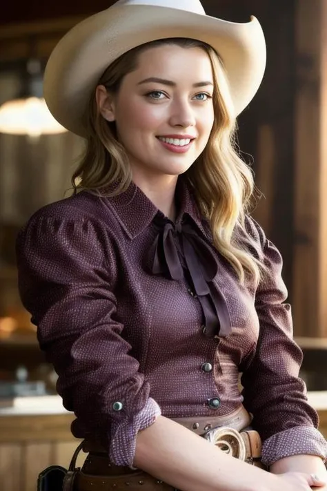 photo of AmberHeard1, half shot, smile, cowboy ,simple background, detailed face, intricate,, soft lighting, masterpiece, beautiful,