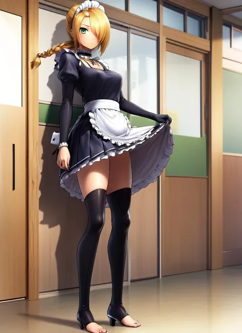 ((best quality)), ((highly detailed)), absurdres, extremely detailed face, beautiful face, (detailed eyes, deep eyes), (1girl), full body, ((very wide shot)), ((barefoot)), <lora:hairdetailer:.9>, <lora:beelzebub_hilda:.75>, hilda \(beelzebub\), blonde hair, braid, hair over one eye, green eyes, expressionless, maid uniform, black elbow gloves, choker, necklace, black footwear, knee boots, (indoors, <lora:school_hallway_v0.1:1>, school hallway, school uniform), <lora:COSiNE Style(2010):.9>, COSiNEStyle2010