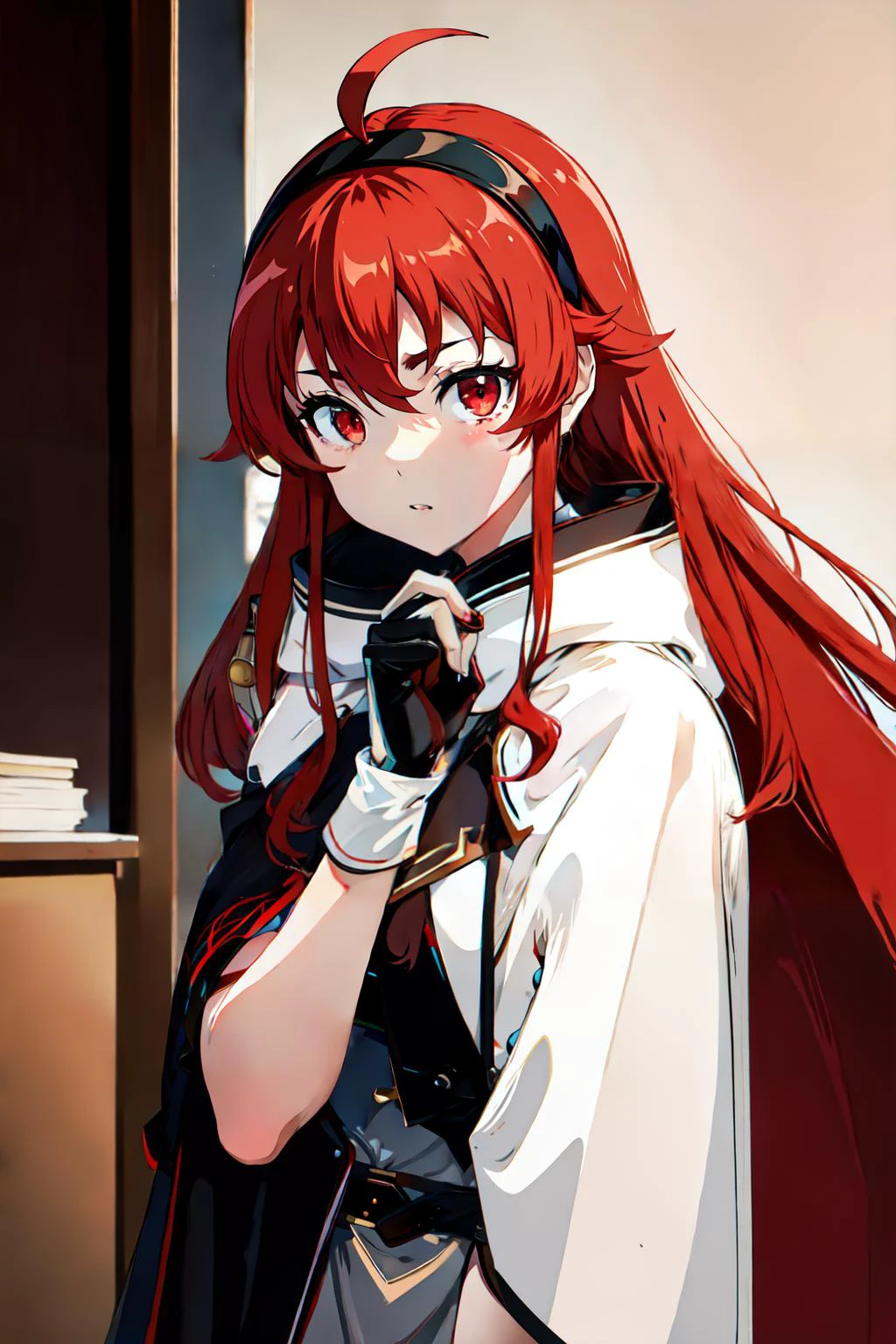 upper body, 1girl, Eris Greyrat, red hair, red eyes, ahoge, hairband, capelet, coat, gloves, <lora:Eris Greyrat_V1-000005:0.6>,, (masterpiece:1.2), highres, best quality, 8k, very clear,