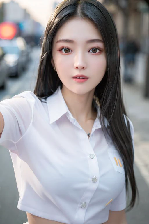 1girl, selfie, (at street:1.2), ((office uniform:1.2)),night, RAW photo, (photorealistic:1.37, realistic), highly detailed CG unified 8K wallpapers, looking at viewer, (((straight from front))), (HQ skin:1.8, shiny skin), 8k uhd, dslr, soft lighting, high quality, film grain, Fujifilm XT3, ((upper body:1.6)), (professional lighting:1.6)