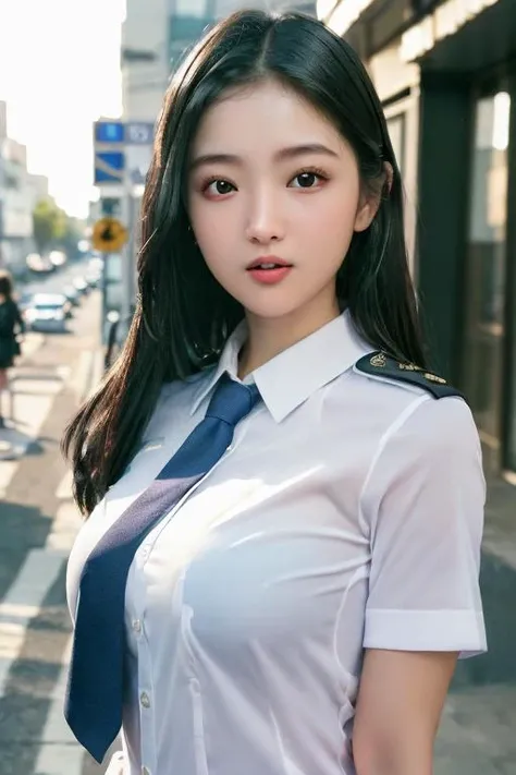 1girl, (at street:1.2), ((office uniform:1.2)),night, RAW photo, (photorealistic:1.37, realistic), highly detailed CG unified 8K wallpapers, looking at viewer, (((straight from front))), (HQ skin:1.8, shiny skin), 8k uhd, dslr, soft lighting, high quality, film grain, Fujifilm XT3, ((upper body:1.6)), (professional lighting:1.6)