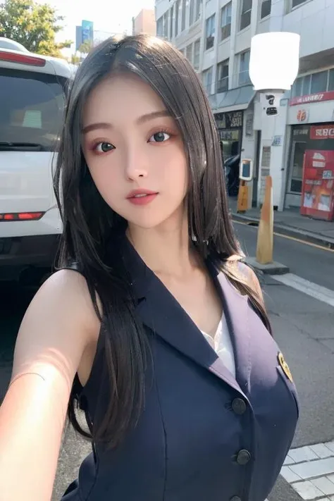 1girl, selfie, (at street:1.2), ((office uniform:1.2)),night, RAW photo, (photorealistic:1.37, realistic), highly detailed CG unified 8K wallpapers, looking at viewer, (((straight from front))), (HQ skin:1.8, shiny skin), 8k uhd, dslr, soft lighting, high quality, film grain, Fujifilm XT3, ((upper body:1.6)), (professional lighting:1.6)