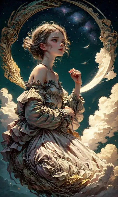 (AS-YoungV2:1), <lora:more_details:0.6>,  <lora:moon_sora:0.8>, moon sora, (best quality:1.4), (masterpiece:1.2), highly detailed, 8K resolution, an ethereal young girl perched on a soft cloud, surrounded by a serpentine dragon, in the style of Yoshitaka Amano. (Sublime:1.3), (fantasy:1.3), (dreamy:1.2), whimsical, the dragon, intricate scales shimmering, coiling in the night sky. The girl, gazing upon the silver moon, her face illuminated with soft lunar glow, tranquil. Lustrous strands of hair caught in a gentle breeze. (Starry night sky:1.2), intricate cloud textures, (silk dress:1.1), fluttering, catching the moonlight. Low-angle shot, emphasizing the grandeur of the scene, surreal, atmospheric depth, soft lighting effects, moonlight filtering through the dragon's translucent wings.