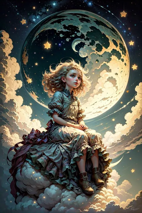 a girl, charming, short white dress, cute, sitting moon, moon, stars, clouds, masterpiece, best quality, <lora:moon_sora:0.6>, (masterpiece,best quality:1.5)