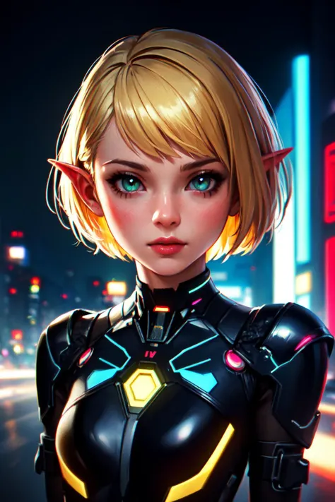 Award winning photograph of a cyberpunk girl, her neon-lit eyes reflecting the pulsating city lights. Her blonde pixie cut cascades down in soft waves, framing a face that exudes confidence and intelligence. She wears a sleek, high-tech outfit, revealing both ears and the high contrast between her vibrant skin tone and technological elements. (RAW photo:1.2), (photorealistic:1.4),(masterpiece:1.4),(best quality:1.4),ultra high res,((detailed facial features)),HDR,8k resolution,(masterpiece:1.4),(best quality:1.4),(shiny skin)<lora:add-detail-xl:2>  <lora:great_lighting:1> cinematic lighting <lora:detailed_notrigger:1> <lora:neg4all_bdsqlsz_xl_V91:1> <lora:xl_more_art-full_v1:0.5> <lora:Dakote_Skye:1> dakotaskye