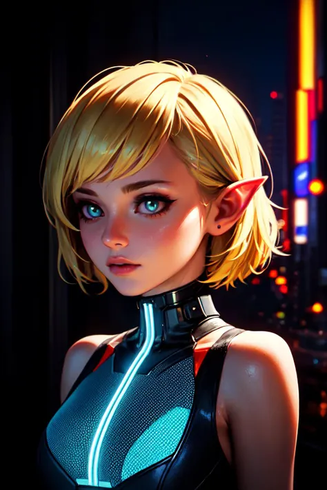 Award winning photograph of a cyberpunk girl, her neon-lit eyes reflecting the pulsating city lights. Her blonde pixie cut cascades down in soft waves, framing a face that exudes confidence and intelligence. She wears a sleek, high-tech outfit, revealing both ears and the high contrast between her vibrant skin tone and technological elements. (RAW photo:1.2), (photorealistic:1.4),(masterpiece:1.4),(best quality:1.4),ultra high res,((detailed facial features)),HDR,8k resolution,(masterpiece:1.4),(best quality:1.4),(shiny skin)<lora:add-detail-xl:2>  <lora:great_lighting:1> cinematic lighting <lora:detailed_notrigger:1> <lora:neg4all_bdsqlsz_xl_V91:1> <lora:xl_more_art-full_v1:0.5> <lora:Dakote_Skye:1> dakotaskye