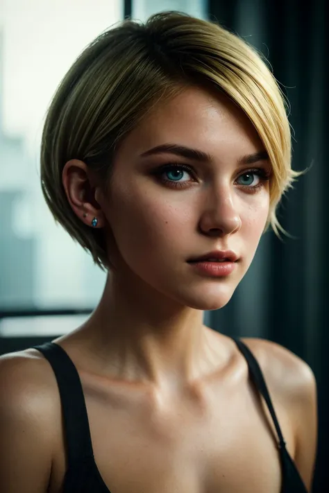 Award winning photograph of a cyberpunk girl, her neon-lit eyes reflecting the pulsating city lights. Her blonde pixie cut cascades down in soft waves, framing a face that exudes confidence and intelligence. She wears a sleek, high-tech outfit, revealing both ears and the high contrast between her vibrant skin tone and technological elements. (RAW photo:1.2), (photorealistic:1.4),(masterpiece:1.4),(best quality:1.4),ultra high res,((detailed facial features)),HDR,8k resolution,(masterpiece:1.4),(best quality:1.4),(shiny skin)<lora:add-detail-xl:2>  <lora:great_lighting:1> cinematic lighting <lora:detailed_notrigger:1> <lora:neg4all_bdsqlsz_xl_V91:1> <lora:xl_more_art-full_v1:0.5> <lora:Dakote_Skye:1> dakotaskye