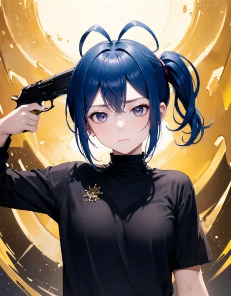 (g2h, gun to head, handgun, holding gun:1.2), cowboy shot, 1girl, cold eyes, distant, blank stare, expressionless, empty eyes, no expression, apathetic, gold eyes, Crystal Hair and antenna hair, dark blue hair