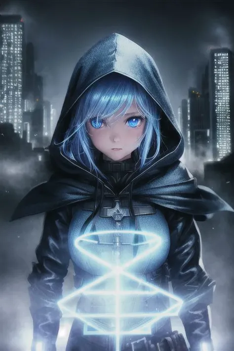 Girl in hood standing in dark city with heavy fog and light reflecting in dark buildings, 1girl, hood, realistic, blue eyes, hologram, science fiction, vibrant colors, masterpiece, sharp focus, best quality, depth of field, cinematic lighting, long hair, white hair, medium breasts