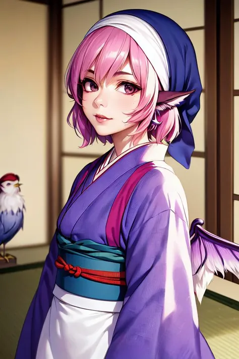 (detailed face, detailed eyes, clear skin, clear eyes), photography, detailed skin, (sash code:1.3), (tasuki:1.2), hyperrealism, blurry, indoors, lips, (maroon_kimono:1.3), (okamisty:1.5), (mystia_lorelei:1.2), (wings:1.1), (blue_headscarf:1.4), (blue_apron:1.1), touhou_mystia's_izakaya, pink hair, (bird ear:1.2), <lora:oka_mysty2:0.3>