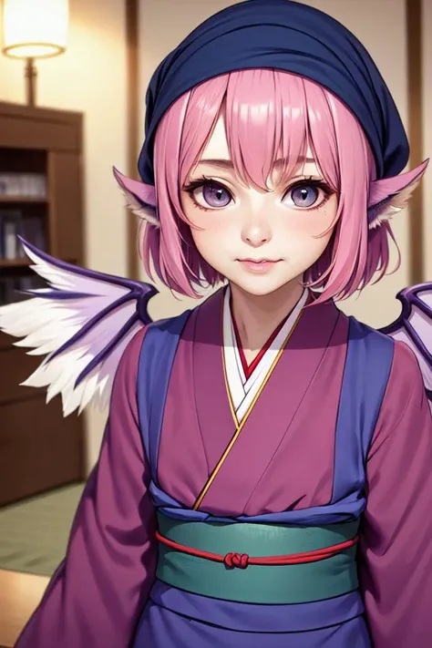 (detailed face, detailed eyes, clear skin, clear eyes), photography, detailed skin, (sash code:1.3), (tasuki:1.2), hyperrealism, blurry, indoors, lips, (maroon_kimono:1.3), (okamisty:1.5), (mystia_lorelei:1.2), (wings:1.1), (blue_headscarf:1.4), (blue_apron:1.1), touhou_mystia's_izakaya, pink hair, (OKMS:1.5), (bird ear:1.2), <lora:oka_mysty2:0.3>