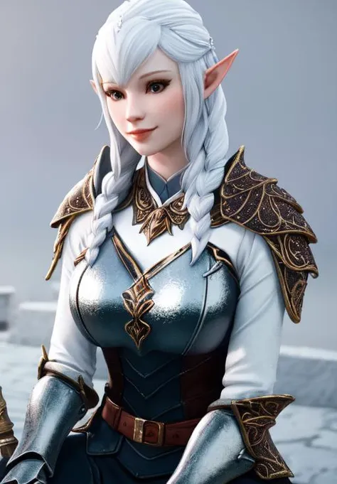 a woman, sfw, <lora:Snow_Elves-Female:0.8>, Snow_Elves-Female, 1girl, solo, armor, sitting, smile, portrait,, porcelain skin, diamond body, smooth, clear skin, (masterpiece, best quality, absurdres, detailed, ultra-detailed:1.3), gorgeous, (trending on CGSociety, trending on pixiv, contest winner:1.3)
