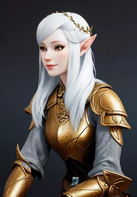 a woman, sfw, <lora:Snow_Elves-Female:0.8>, Snow_Elves-Female, 1girl, solo, armor, sitting, smile, portrait,, porcelain skin, diamond body, smooth, clear skin, (masterpiece, best quality, absurdres, detailed, ultra-detailed:1.3), gorgeous, (trending on CGSociety, trending on pixiv, contest winner:1.3)