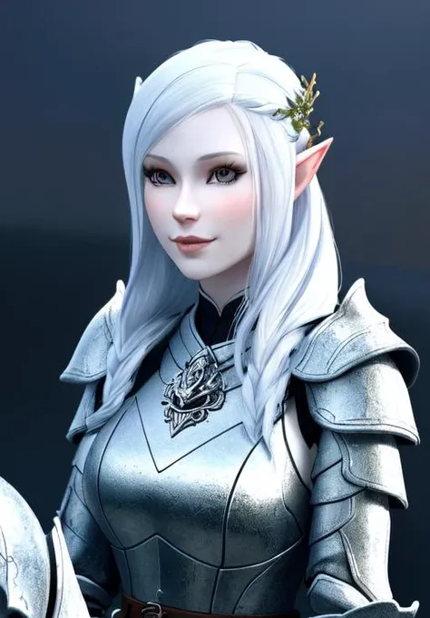 a woman, sfw, <lora:Snow_Elves-Female:0.8>, Snow_Elves-Female, 1girl, solo, armor, sitting, smile, portrait,, porcelain skin, diamond body, smooth, clear skin, (masterpiece, best quality, absurdres, detailed, ultra-detailed:1.3), gorgeous, (trending on CGSociety, trending on pixiv, contest winner:1.3)