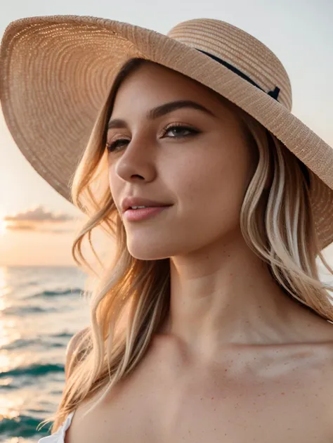 a portrait of a beautiful woman, topless, , (light freckles, beauty spots:1.2), she has long (platinum white:1.2) wavy hair, she is wearing a beige sunhat background of the ocean, sunset, sun-kissed, sunflare,