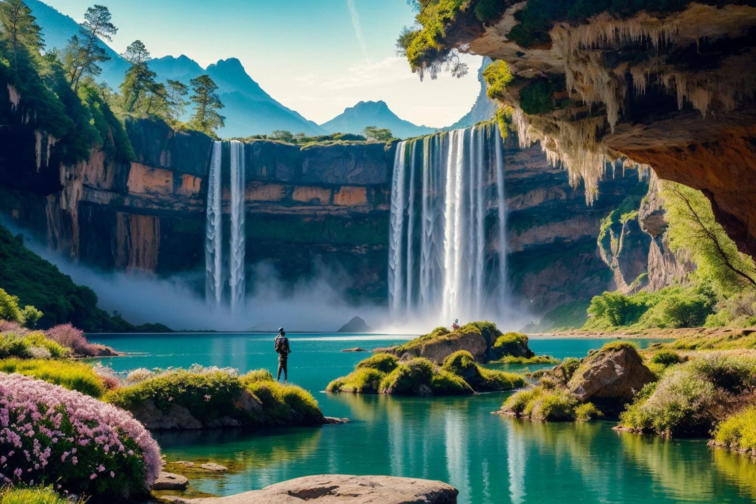 ((Best quality masterpiece)): ((Inked)) scene of a breathtaking extraterrestrial landscape with floating islands, cascading waterfalls, and vibrant flora, inhabited by awe-inspiring alien creatures. <lora:Elixir:1>