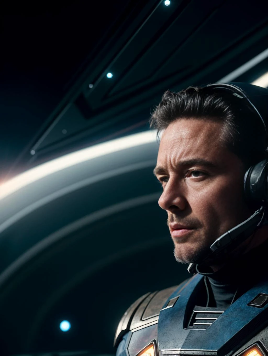 ((best quality)), ((masterpiece)), ((inked)), majestic intricately detailed soft by jim lee, 1man, a handsome starship captain, (Henry Cavill:0.7)|Hugh Jackman|Russell Crowe, well fitting futuristic space commander uniform, stubble, on the bridge of an advanced space faring war ship, high tech computers,, crew in the background, film grain, soft edge lighting, photographed on a Canon EOS R5, 50mm lens, F/2.8, HDR, professional, backlit, high contrast, (deep shadows:1.5), warm vibrant colors, lens flare, cinematic Film still from the expanse|(mass effect:0.6)|star trek<<lora:Elixir:1>