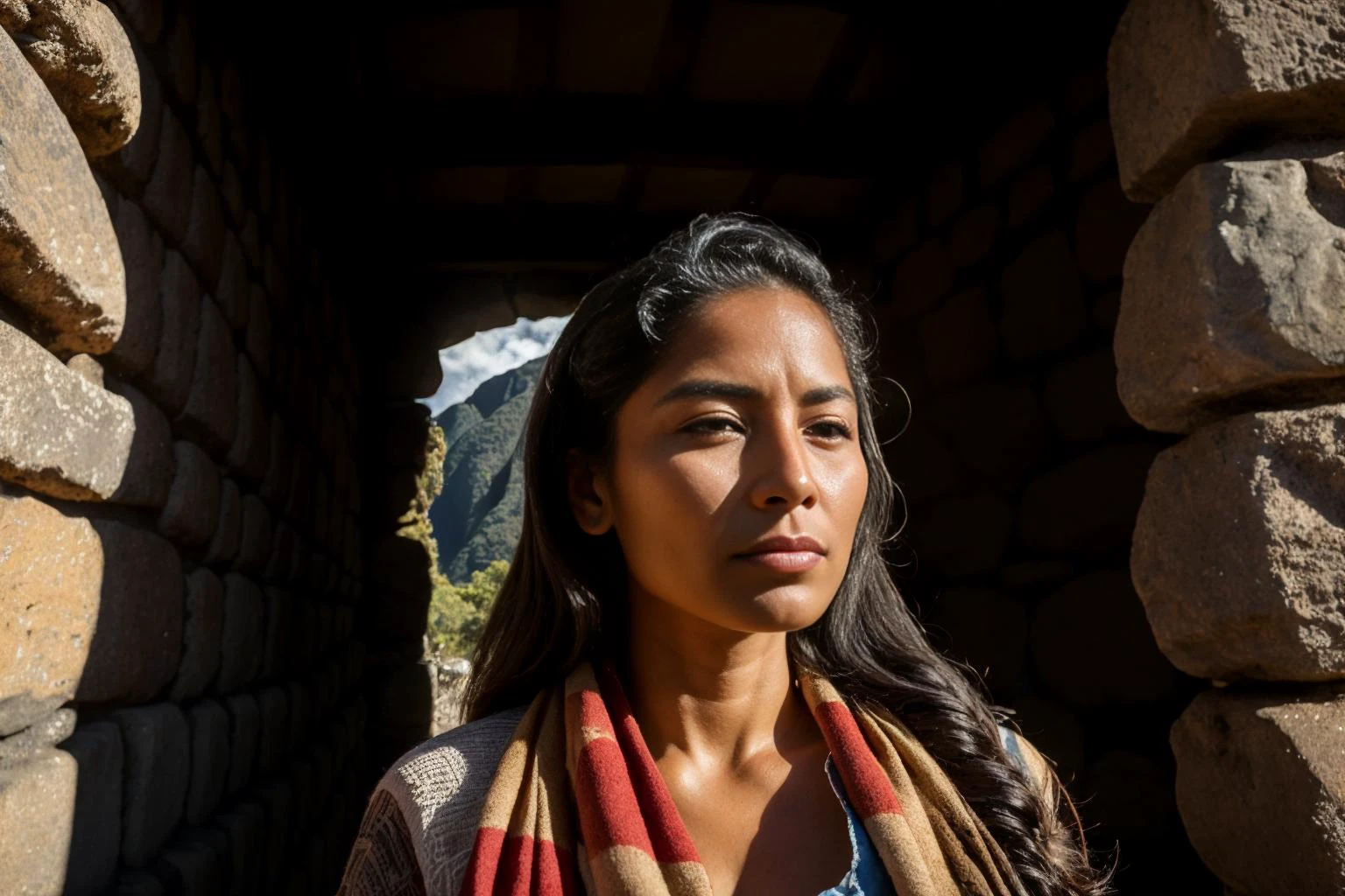 ((best quality)), ((masterpiece)), ((inked)),Award-winning photography: Portrait of a beautiful woman, her eyes filled with wonder, exploring the mystical ruins of Machu Picchu in Peru. (Ambient lighting, exquisite details and textures) <lora:Elixir:1>