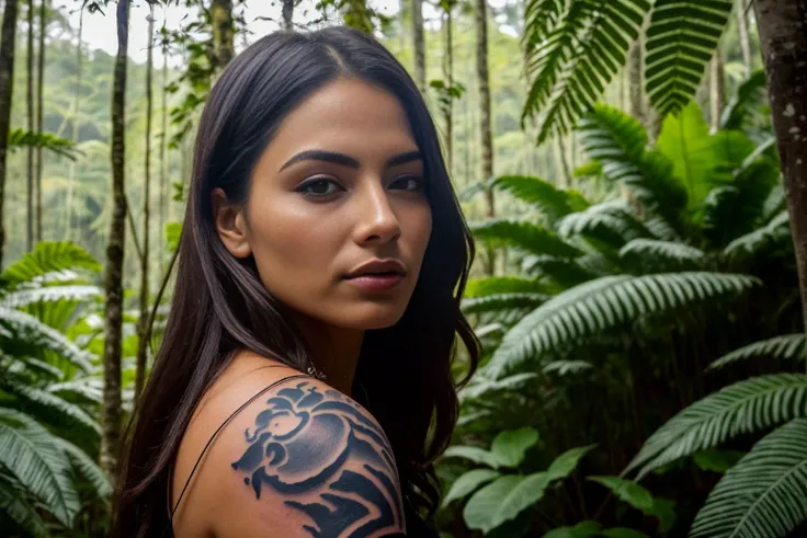 a half naked latino girl with tattoos all over her body, cute, sitting on a pebble in the beautiful and magical forest. panoramic view. 