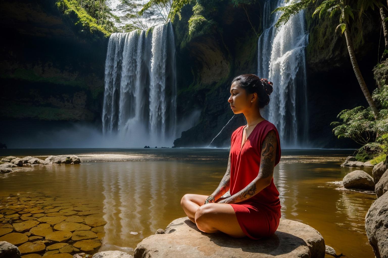 A woman sitting on a rock in front of a waterfall - SeaArt AI