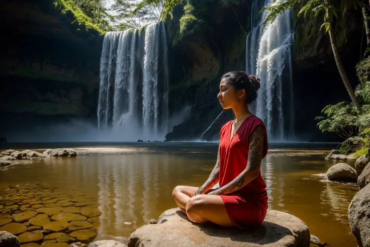A woman sitting on a rock in front of a waterfall - SeaArt AI