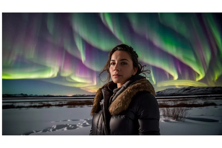 ((best quality)), ((masterpiece)), ((inked)),Award-winning photography: Portrait of a beautiful woman captured under the enchanting Northern Lights in the snowy landscapes of Iceland. (Sidelighting, exquisite details and textures) <lora:Elixir:1>