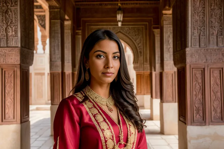 ((best quality)), ((masterpiece)), ((inked)),Award-winning photography: Portrait of a beautiful woman adorned in traditional attire, amidst the intricate architecture of the historic Alhambra Palace in Granada, Spain. (Best quality, masterpiece: 1.2) <lora:Elixir:1>