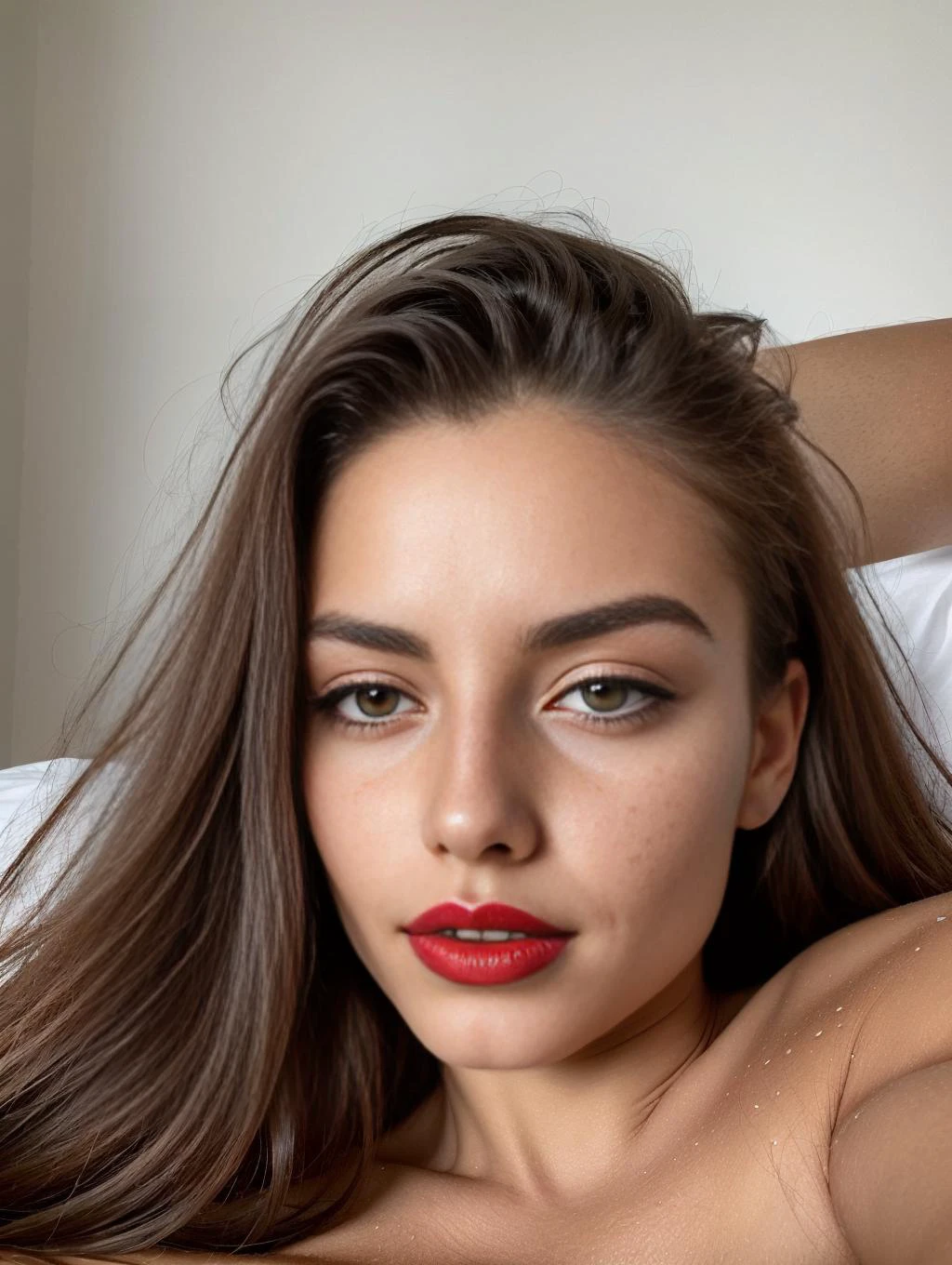 a photo of a sexy woman with long messy ginger hair, frowning, laying on her bed, spreading her legs, perfect pussy, tiny boobs, red lipstick, jewelry instagram, (textured skin, skin pores:1.1), (moles:0.8), imperfect skin, goosebumps, flawless face, (light freckles:0.9), <lora:Elixir:1>, <lora:Elixir:1>
