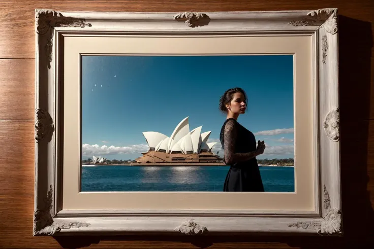 ((best quality)), ((masterpiece)), ((inked)),Award-winning photography: Portrait of a beautiful woman, perfectly framed by the iconic architecture of the Sydney Opera House in Australia. (Cinematic composition: 1.3, cinematic lighting) <lora:Elixir:1>
