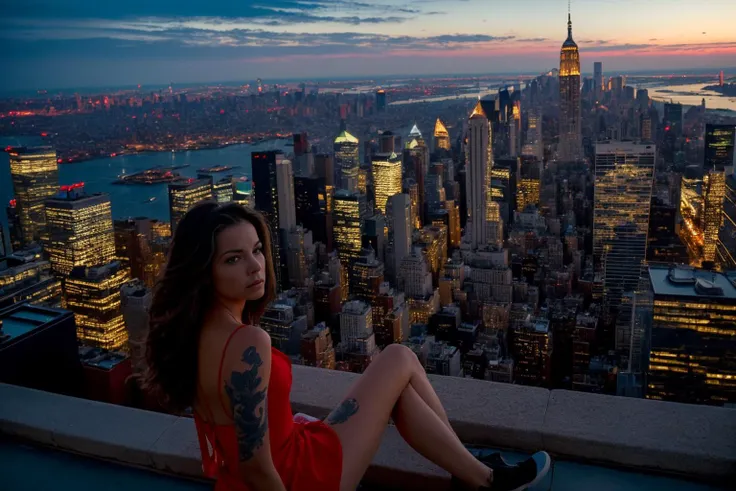 ((best quality)), ((masterpiece)), ((inked)),Award-winning photography: Portrait of a beautiful woman in an ultra-high-resolution image, overlooking the vibrant cityscape of New York City at dusk. (Cinematic lighting, ambient lighting) <lora:Elixir:1>