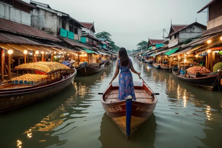 ((best quality)), ((masterpiece)), ((inked)),Award-winning photography: Portrait of a beautiful woman surrounded by the vibrant colors of the floating markets in Bangkok, Thailand. (Photorealistic, cinematic composition: 1.3) <lora:Elixir:1>