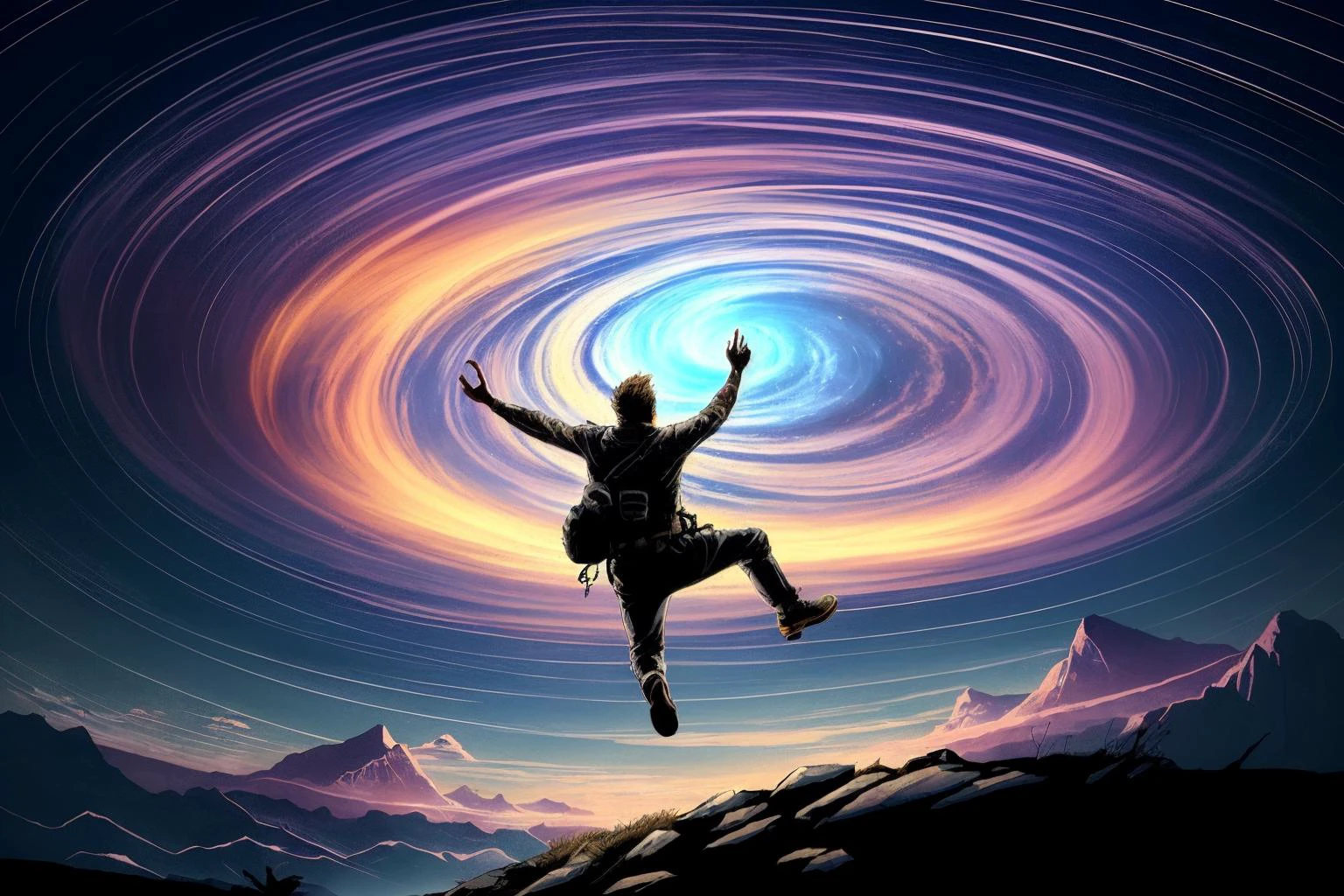 ((Best quality masterpiece)): ((Inked)) illustration of a time-traveling adventurer leaping through a swirling temporal vortex, witnessing historical events unfold and encountering paradoxes along the way. <lora:Elixir:1>