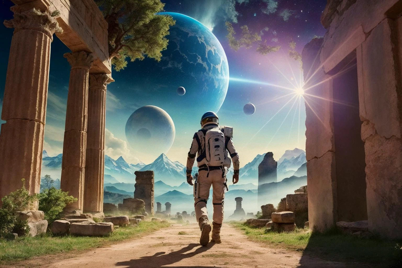 ((Best quality masterpiece)): ((Inked)) depiction of a courageous space explorer embarking on a perilous mission to a distant alien planet, encountering strange creatures, ancient ruins, and uncharted territories. <lora:Elixir:1>