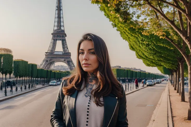 ((best quality)), ((masterpiece)), ((inked)),Award-winning photography: Portrait of a beautiful woman, radiating elegance, in the romantic streets of Paris, with the iconic Eiffel Tower as a stunning backdrop. (Very attractive, beautiful) <lora:Elixir:1>