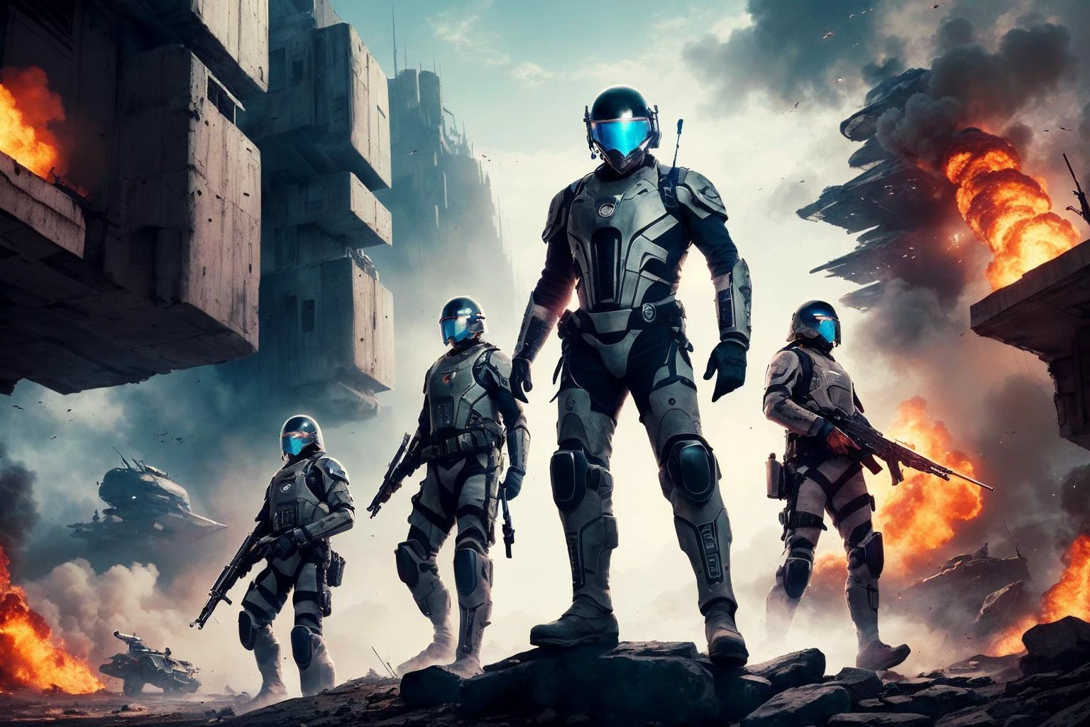 ((Best quality masterpiece)): ((Inked)) artwork portraying a group of rebel fighters using advanced exoskeleton suits and high-powered energy weapons, battling against oppressive forces in a war-torn futuristic city. <lora:Elixir:1>