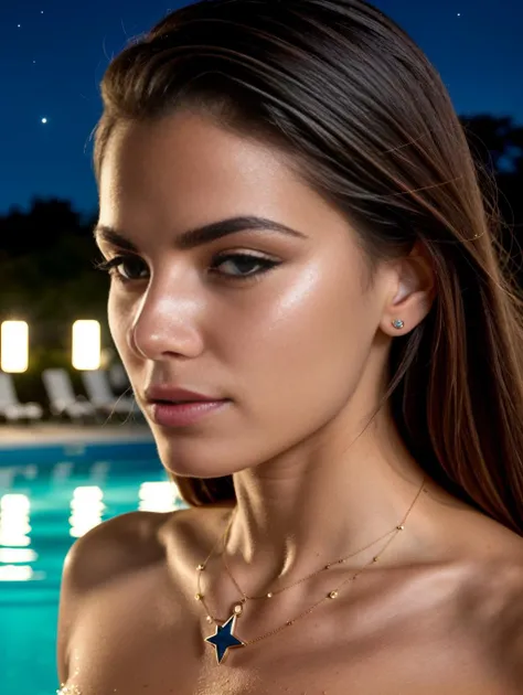 a close-up photography portrait of a resplendent woman with loose styled caramel hair, disbelief, small veiny breasts with big areolas, she is walking in a public pool, tattoos, heavy makeup, lipstick, mascara, chakra necklace glamour model, (textured skin, skin pores:1.1), (moles:0.8), imperfect skin, goosebumps, flawless face, (light freckles:0.9), (night:1.1), dark theme, star, moonlit,  <lora:Elixir:1>