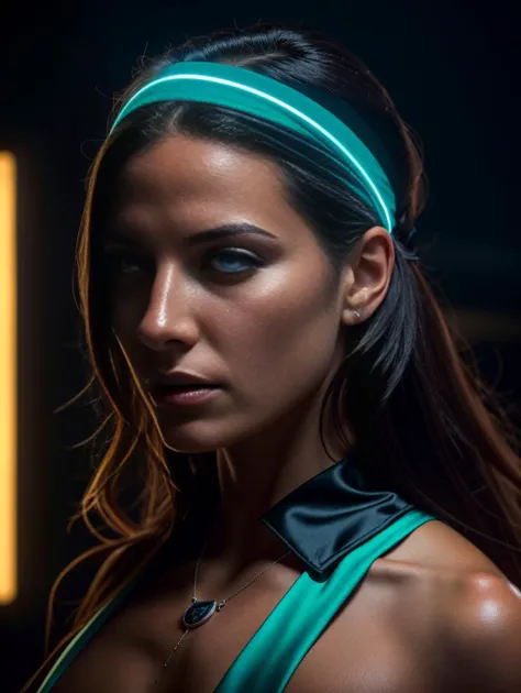 RAW photo, full-focus, center-focused, dramatic backlighting, film still by Greg Rutkowski, dark witch wearing bandana headband, bright blue eyes, blinkenlights+ necklace, indestructible, detailed-portrait, 8K 3D, high key, magic runes, glowing neon, marvel universe <lora:Elixir:1>