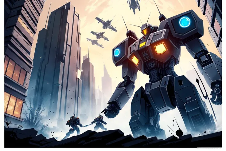 Anthro HD Anime Style, Cyber Mecha Wolf, Firing a High-Tech Minigun, Amidst a Chaotic Battlefield, High-Tech War Machine, Advanced Warfare, HD Animation Details. A sleek, cybernetic wolf stands amidst the chaos of a futuristic battlefield, its body gleaming with high-tech details and luminescent neon accents. The mecha-wolf's gaze is intense and focused, its amber eyes flickering with a fierce determination. It holds a minigun in its powerful jaws, each shot tearing through the air with a deafening roar. The bullets dance through the air, leaving