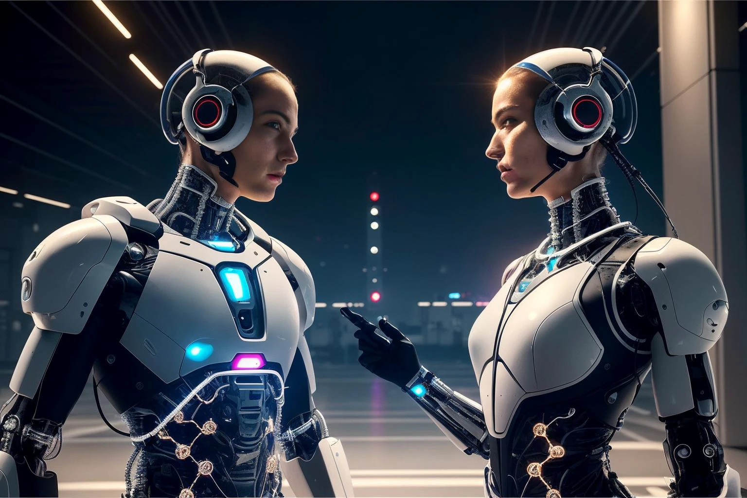 ((Best quality masterpiece)): ((Inked)) depiction of a post-human society, where humans have merged with technology, showcasing individuals with cybernetic enhancements, neural interfaces, and advanced AI companions. <lora:Elixir:1>