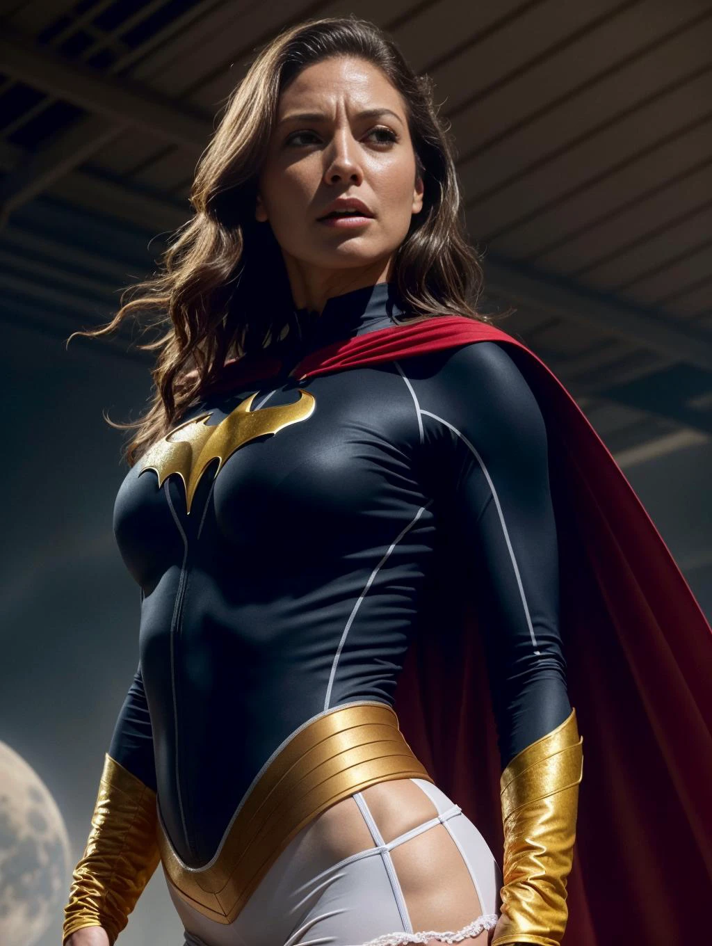 ((best quality)), ((masterpiece)), ((inked)), ((long wet wavy brunette hair)), majestic intricately detailed soft by jim lee, ((nubile toned brunette superhero on the surface of the moon)), (deborah ann woll:1.1)|(jennifer connoly:1.1)|(kelly brook:1.3), beautiful detailed eyes, ((intense sorrow expression)), ((skintight white embosse and gold intricately detailed superhero bodysuit, short pleated mini skirt, big breasts, cleavage,( advanced futuristic lycra:1.1), cape, white panties)), shoulder pads, ((gray rocky lunar surface)), black eyeliner, planet earth in the background, crashed alien spacecraft, highres, depth of field, (deep shadows:1.2), high detail, sharp focus, smooth, roughness, real life, backlit, photorealism, photography, cinematic Film still from (xmen apocalypse:0.7)|((cannibal holocaust:0.9:0.3))|(Barbarella:0.2)|(man of steel:0.8)|Batman: Arkham Knight<lora:Elixir:1>