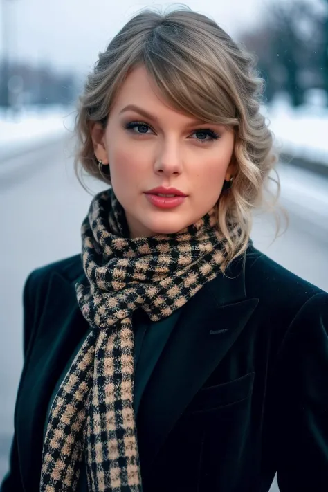 taylor1,1girl, solo, (realistic),(hyperrealism),(best quality),(masterpiece),(ultra high res),(photorealistic),(film grain),(upper body),eye makeup,detailed eyes,detailed face,black jacket, scarf, posing for a photo, outside winter <lora:taylorX:1>
