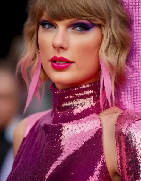 taylor1,1girl, (realistic),(hyperrealism),(best quality),(masterpiece),(ultra high res),(photorealistic),idol,eye makeup,detailed eyes,detailed face,pink sequin leotard, posing for a photo,at the streets <lora:taylorX:1>